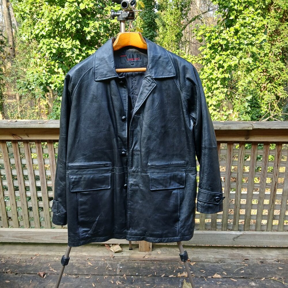 Vintage 90's Black Leather Warm Double Lined Car Coat Many Pockets & Details SzL - Picture 16 of 16